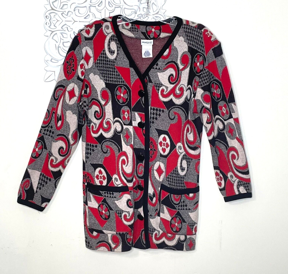 MEGATRENDS size LARGE 14 Sweater Tunic Top BLACK RED GRAY Vintage Made In USA